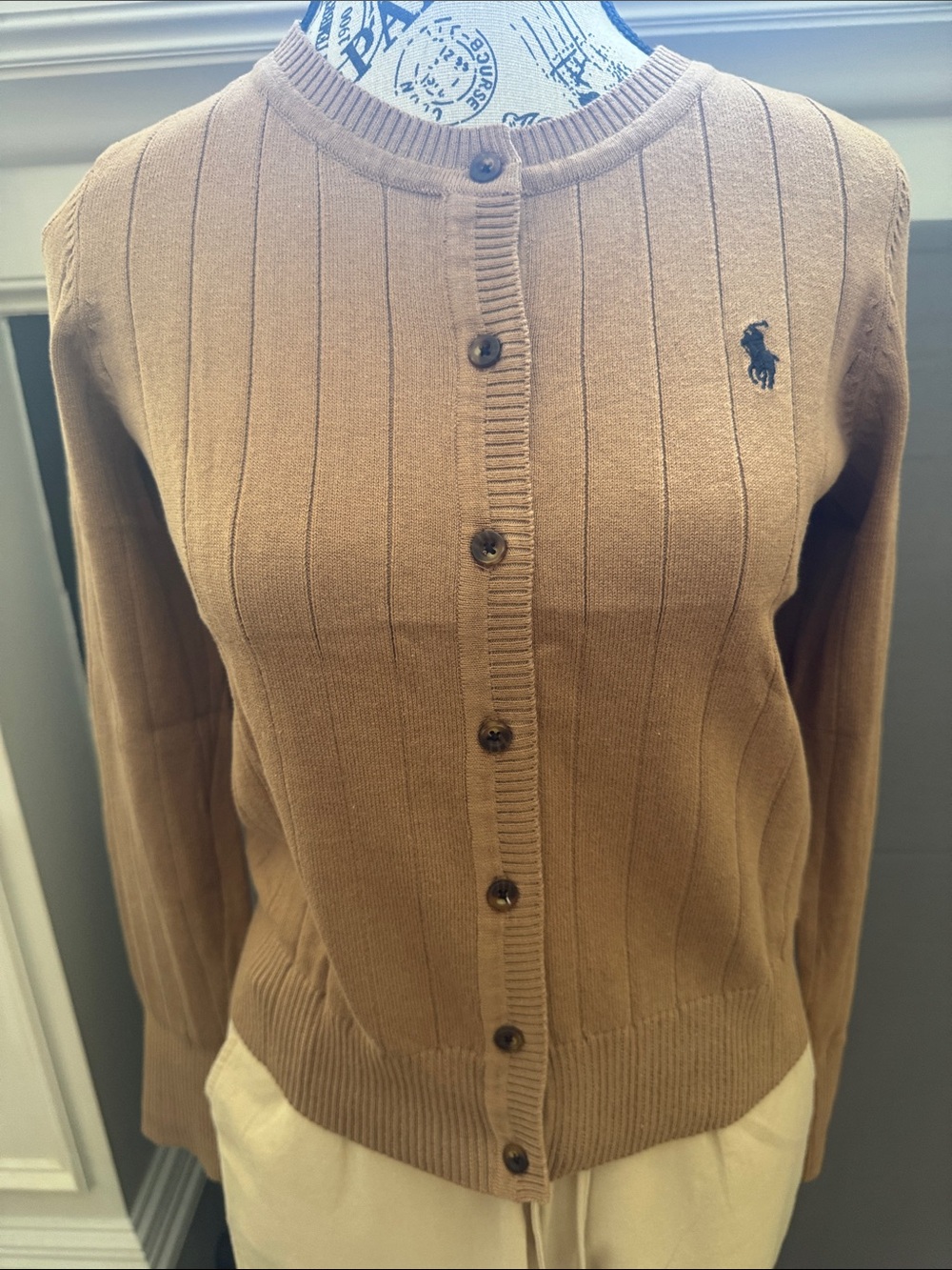 Ralph Lauren Camel Ribbed Button-Front Cardigan